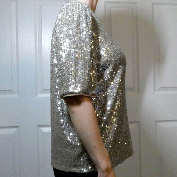 NWT Silver Blouse Sequin Top M&S Valentine Day, Dinner, Dance, Party Events Sz 8 - Picture 4 of 11